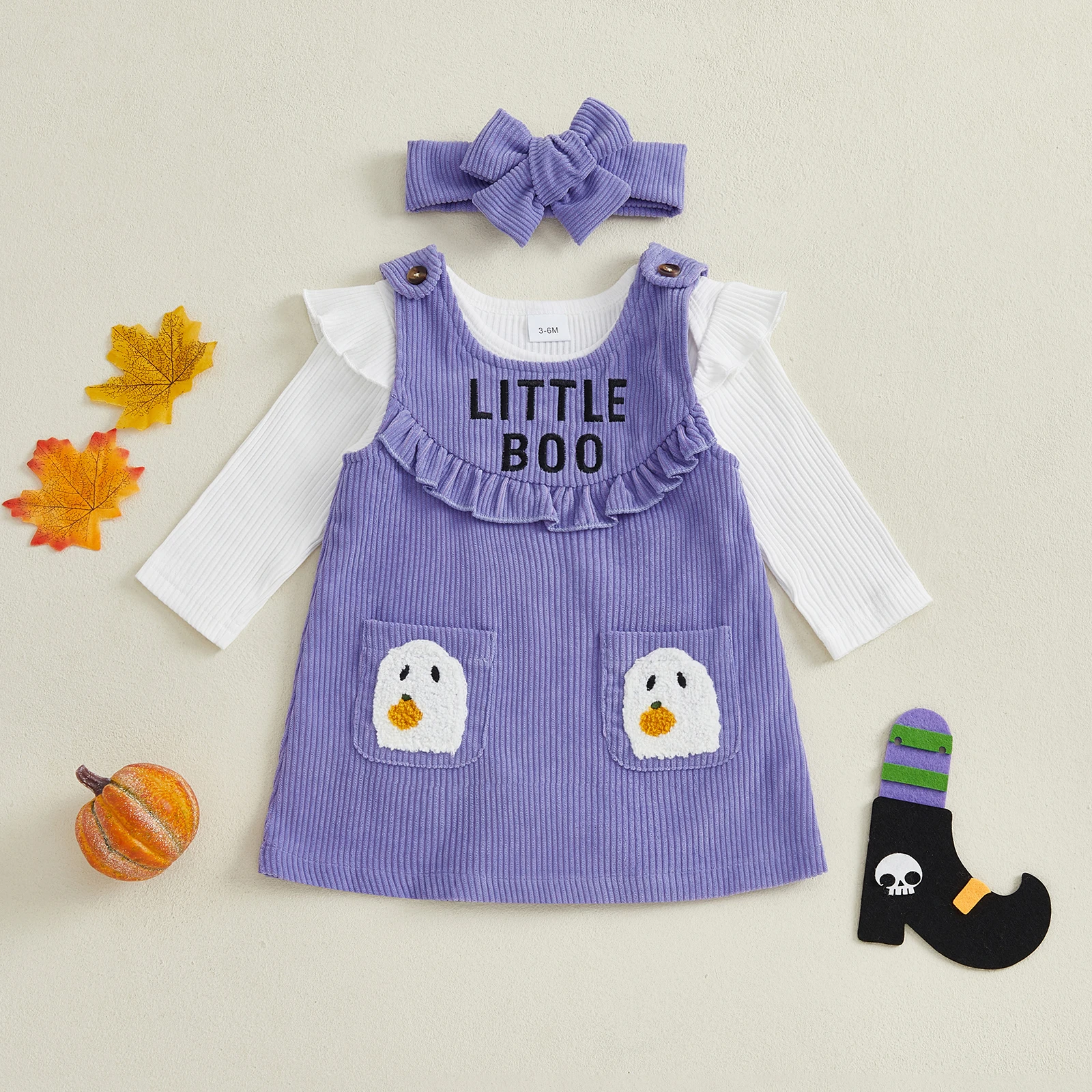 VISgogo-ropa de Halloween para niña de 0 a 18 meses, pelele liso de manga larga con bordado de fantasma, vestido general, diadema, conjunto de 3 uds. - imagen 2
