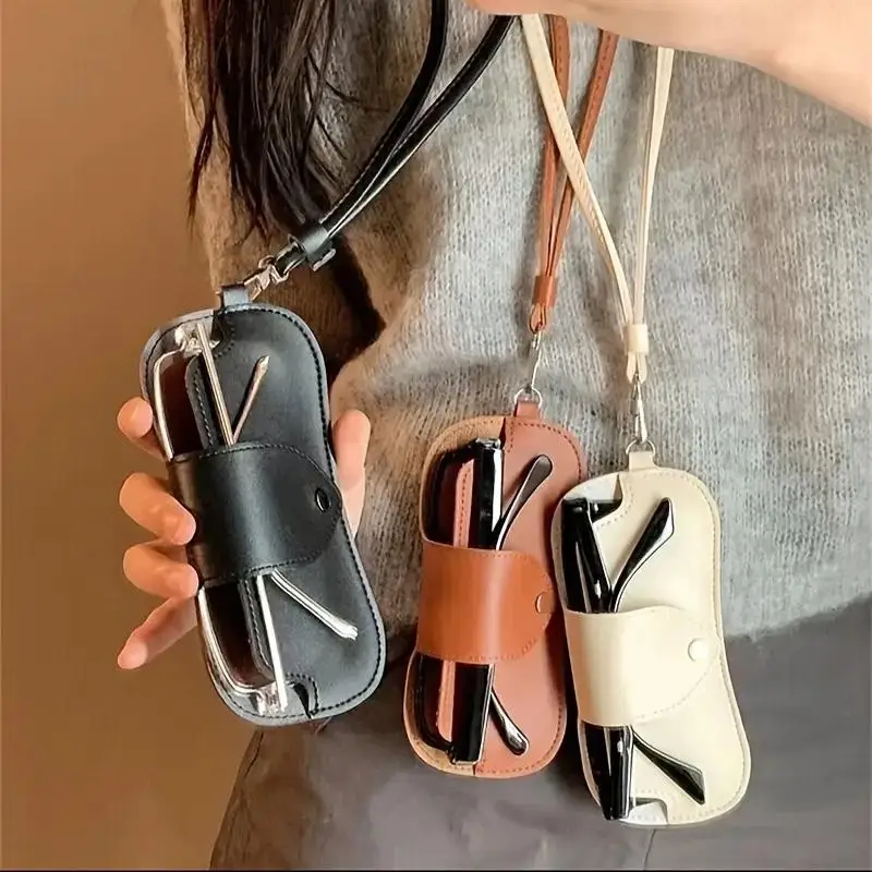 Estuche para gafas de sol para hombre y mujer, traje de cuero PU, soporte para gafas colgante para el cuello, funda portátil con cordón para viajes de negocios - imagen 3