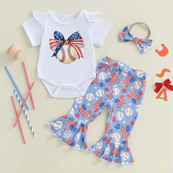 Conjuntos del 4 de julio para niñas de 0 a 18 meses, pelele con estampado de béisbol y lazo de manga corta, pantalones con estampado de bandera y diadema