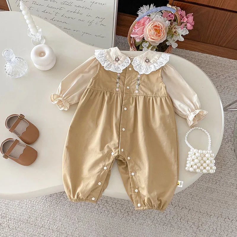 MILANCEL-Conjunto de ropa de otoño para niños pequeños, camisetas interiores de encaje con flores bordadas de 6M-3T + peleles coreanos sueltos para bebés, 2 uds. - imagen 3