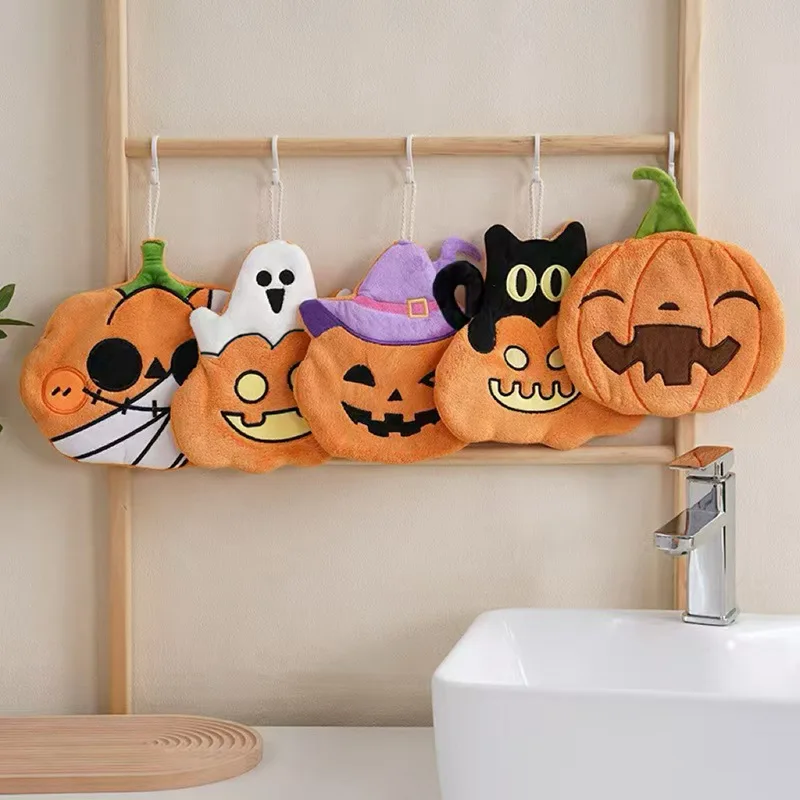 Toallas de Mano para Niños con Diseño de Calabaza de Halloween, de Terciopelo Coral, Toallas Colgantes para Cocina, Baño, Productos para el Baño y la Ducha - imagen 3