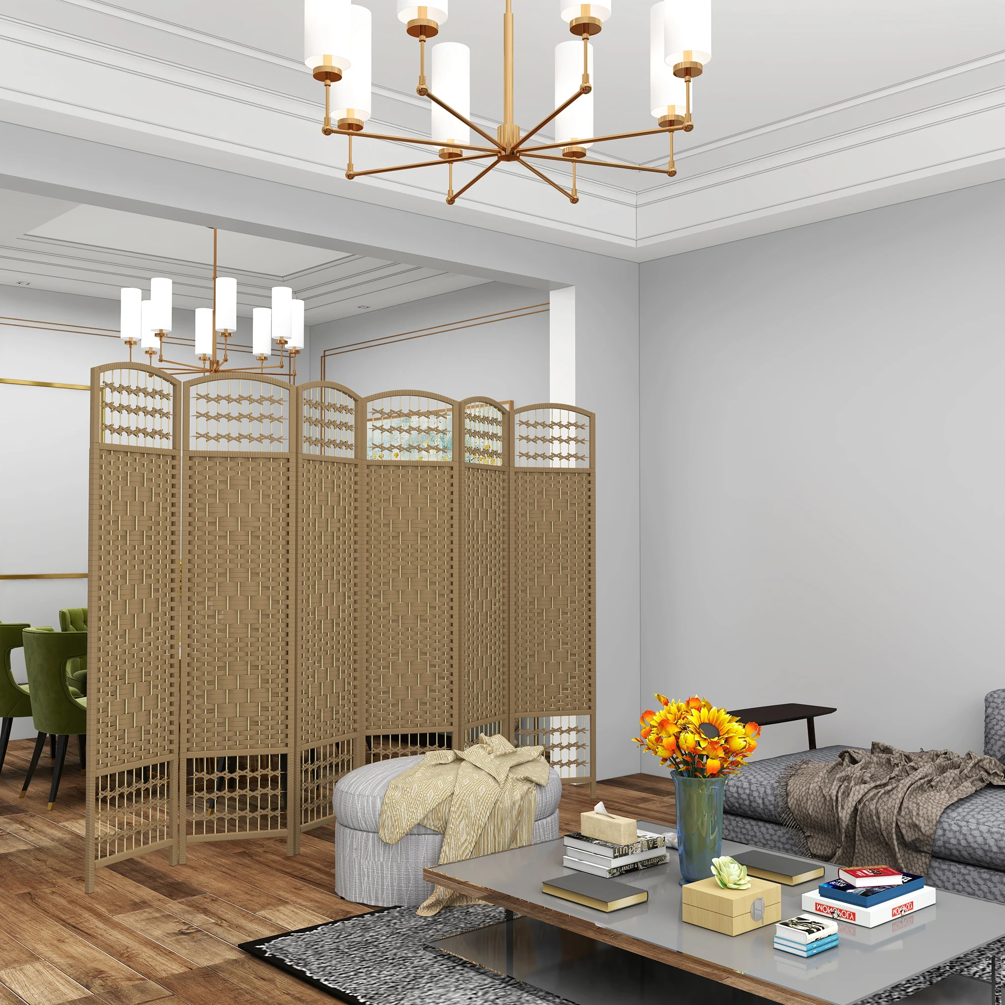 HOMCOM Biombo Separador de Ambientes de 6 Paneles 240x170 cm Divisor de Habitación Plegable de Cuerda de Papel y Marco de Madera Decoración para Dormitorio Salón Natural - imagen 5