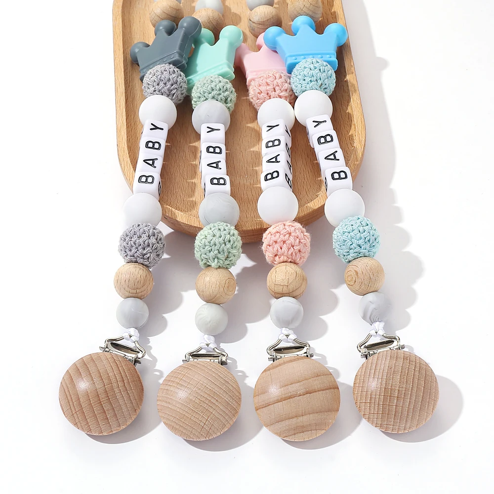 Corona de cuentas de silicona con clip de madera, mordedor de bebé, cuentas de dentición para bebé, collar de juguete masticable, Clips de chupete DIY, accesorio, nuevo - imagen 5