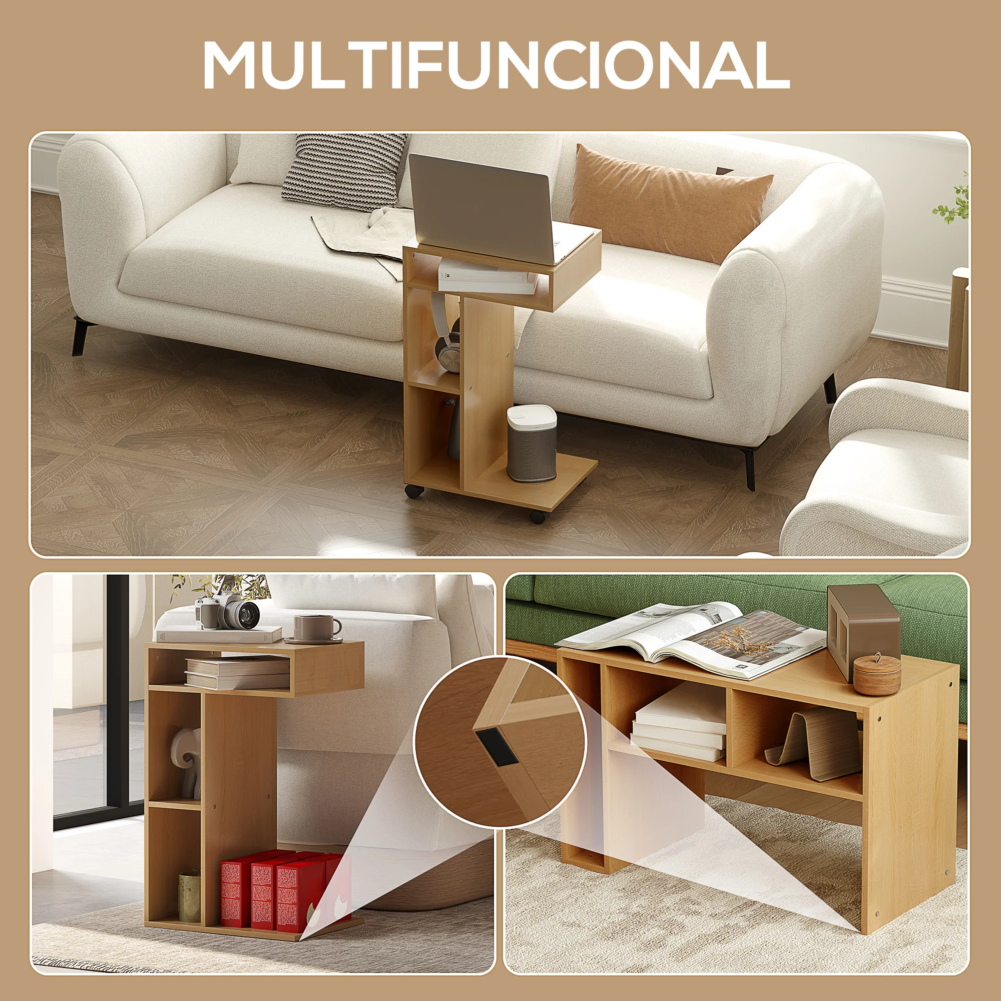 HOMCOM Mesa Auxiliar Multifuncional en Forma de C Mesa Auxiliar para Sofá con Ruedas Compartimentos Abiertos Mesa Lateral para Sofá Salón Dormitorio Oficina 40x30x69 cm Roble - imagen 4