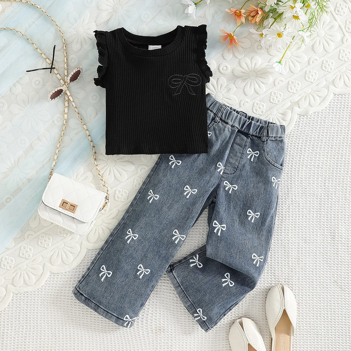 Ropa de verano de 2 piezas para bebés, conjuntos de trajes para niñas, Tops de algodón sin mangas con lazo a la moda coreana + pantalones vaqueros sueltos, ropa de Boutique para niños BC510 - imagen 3