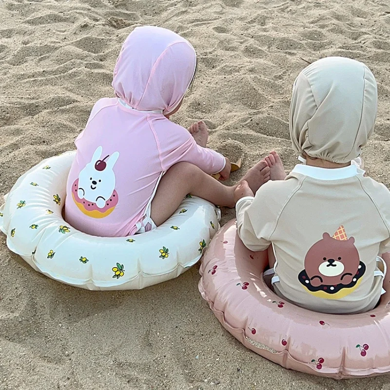 2 uds moda coreana niños niño niña traje de baño conjunto con gorro lindo oso de dibujos animados traje de baño de conejo para niños ropa de playa de verano