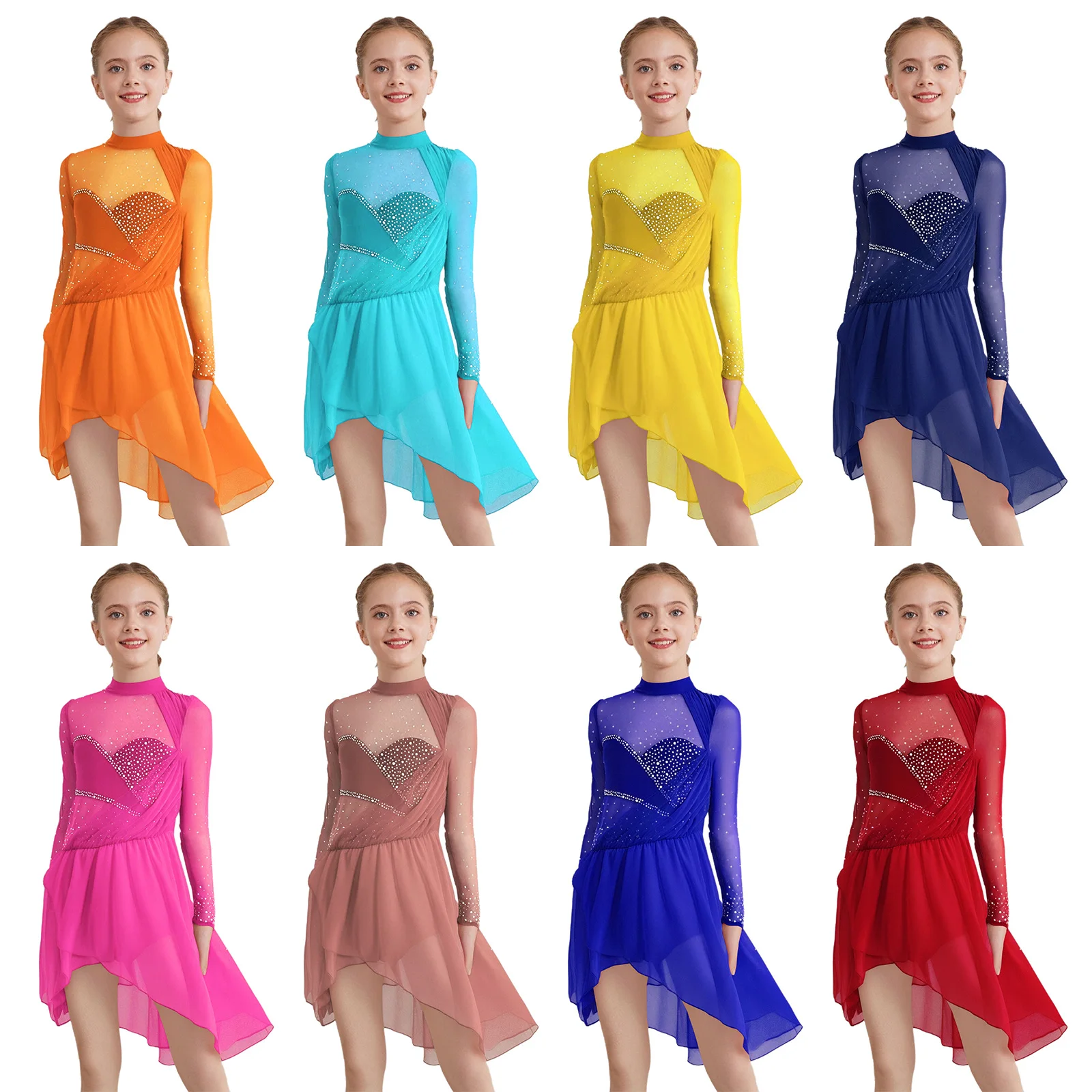 Vestido de baile de patinaje artístico para niñas, Ballet, gimnasia, entrenamiento, ropa de baile contemporánea moderna lírica, vestido de leotardo con diamantes de imitación - imagen 2