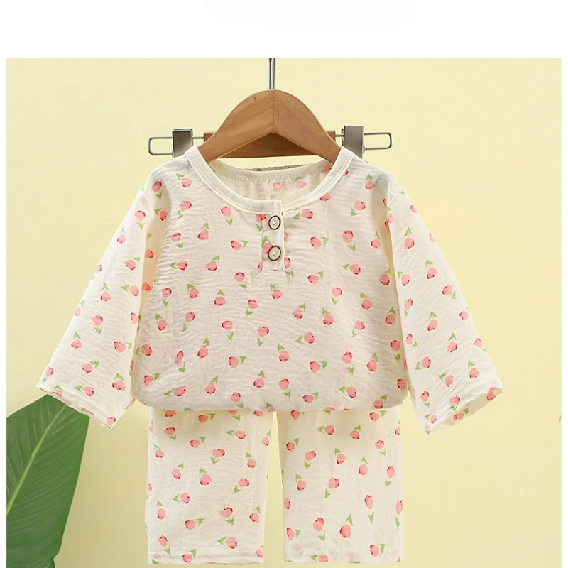 Conjunto de ropa de verano para el hogar, manga media, niños y niñas, algodón de nube, ropa de dormir informal ligera y con aire acondicionado con pantalones cortos - imagen 4