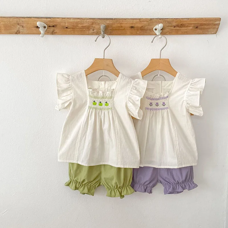 Conjunto de ropa de verano para niñas pequeñas, camisa y pantalones cortos con bordado de flores para niñas de 0 a 24 meses, traje fino y cómodo, 2 uds.