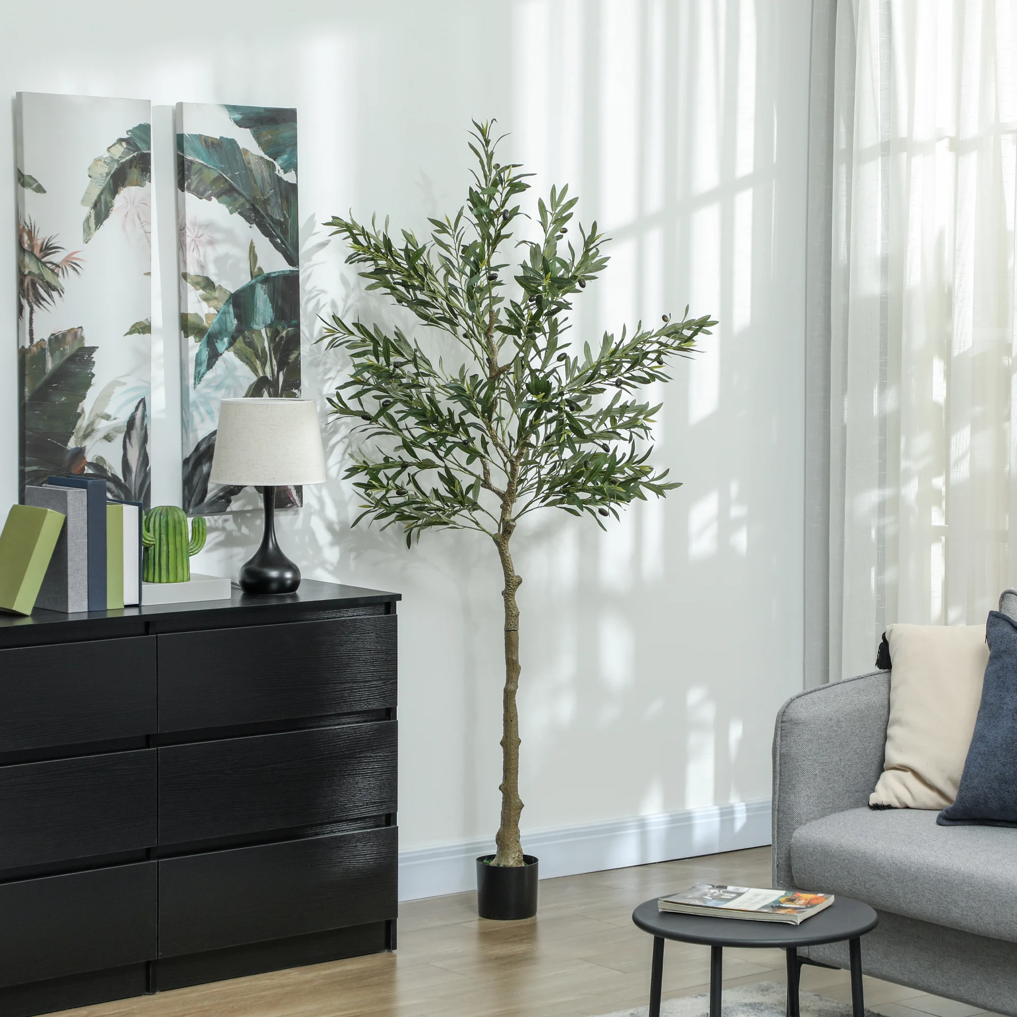 HOMCOM Olivo Artificial 180 cm Planta Artificial Decorativa Grande Árbol Artificial de Interior con 40 Aceitunas Decoración para Hogar Oficina Balcón Dormitorio Verde