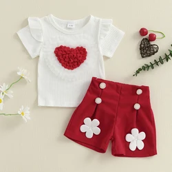 SUNSIOM Conjunto de pantalones cortos para niña pequeña de 0 a 3 años, Tops de manga corta con corazón, pantalones cortos con cintura elástica en la espalda, traje de verano de 2 piezas