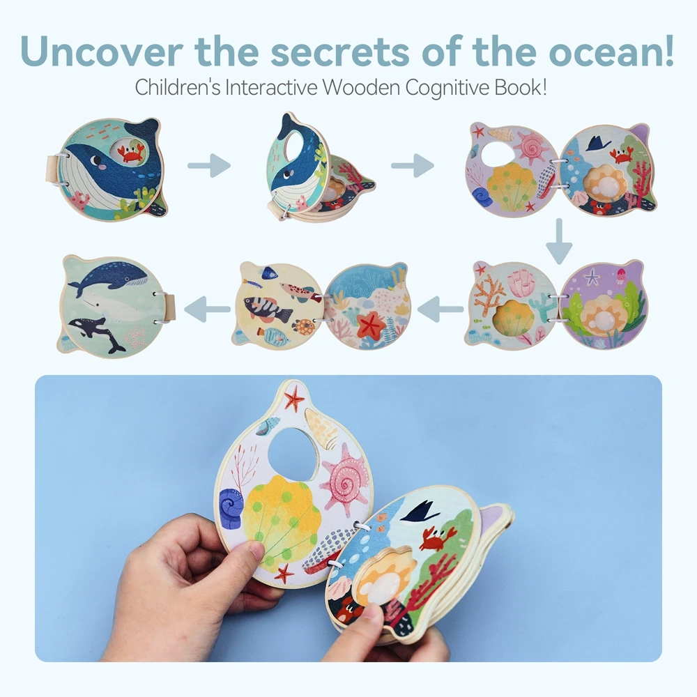 Libro de madera para bebés, juguetes educativos tempranos, lectura de iluminación Montessori, ilustración de animales marinos, libro cognitivo para niños pequeños - imagen 4