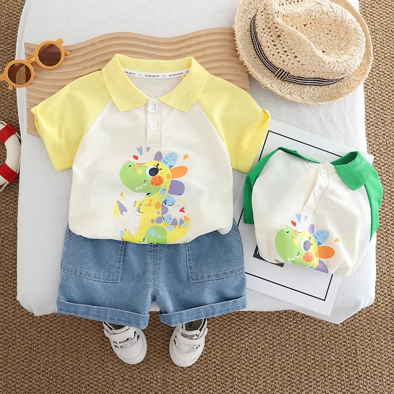Conjuntos de 2 piezas de verano para niño pequeño, trajes coreanos de dibujos animados, moda informal bonita, Tops de manga corta para bebé + Pantalones cortos de mezclilla, ropa para niño B163 - imagen 4