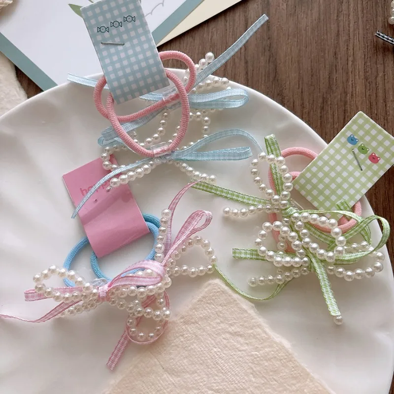 Lazos para el cabello con lazo a cuadros dulces de primavera, color caramelo con perlas, corazón de niña, bandas para el cabello de alta elasticidad para niños, no dañadas.