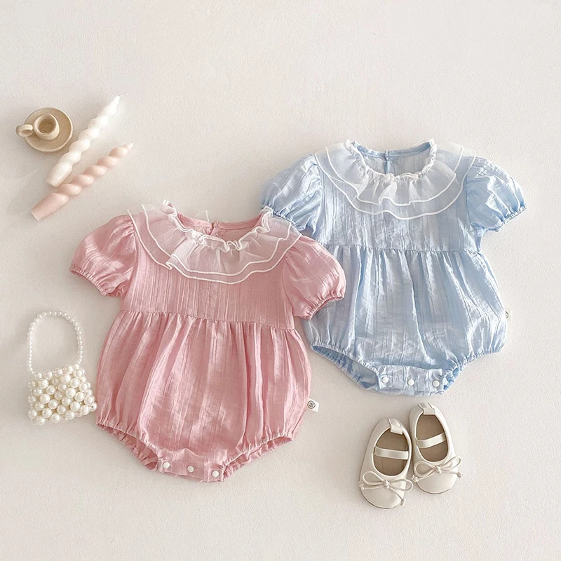 Body de verano para niñas de 0 a 2 años, bonito mono de encaje con cuello de hoja de loto para niñas pequeñas, mono de Color sólido, ropa para bebés