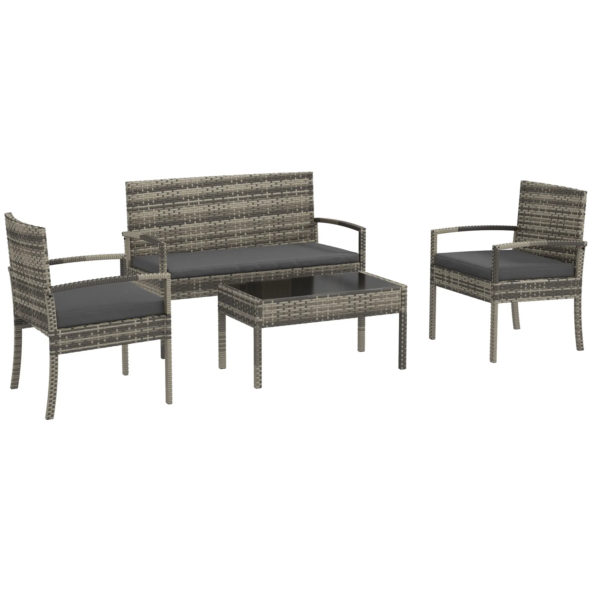 Outsunny Conjunto de Jardín de Ratán Sintético Juego de 4 Piezas Muebles de Jardín con 2 Sillones 1 Sofá de 2 Plazas y 1 Mesa de Centro de Tablero de Vidrio Anti-UV para Patio Gris
