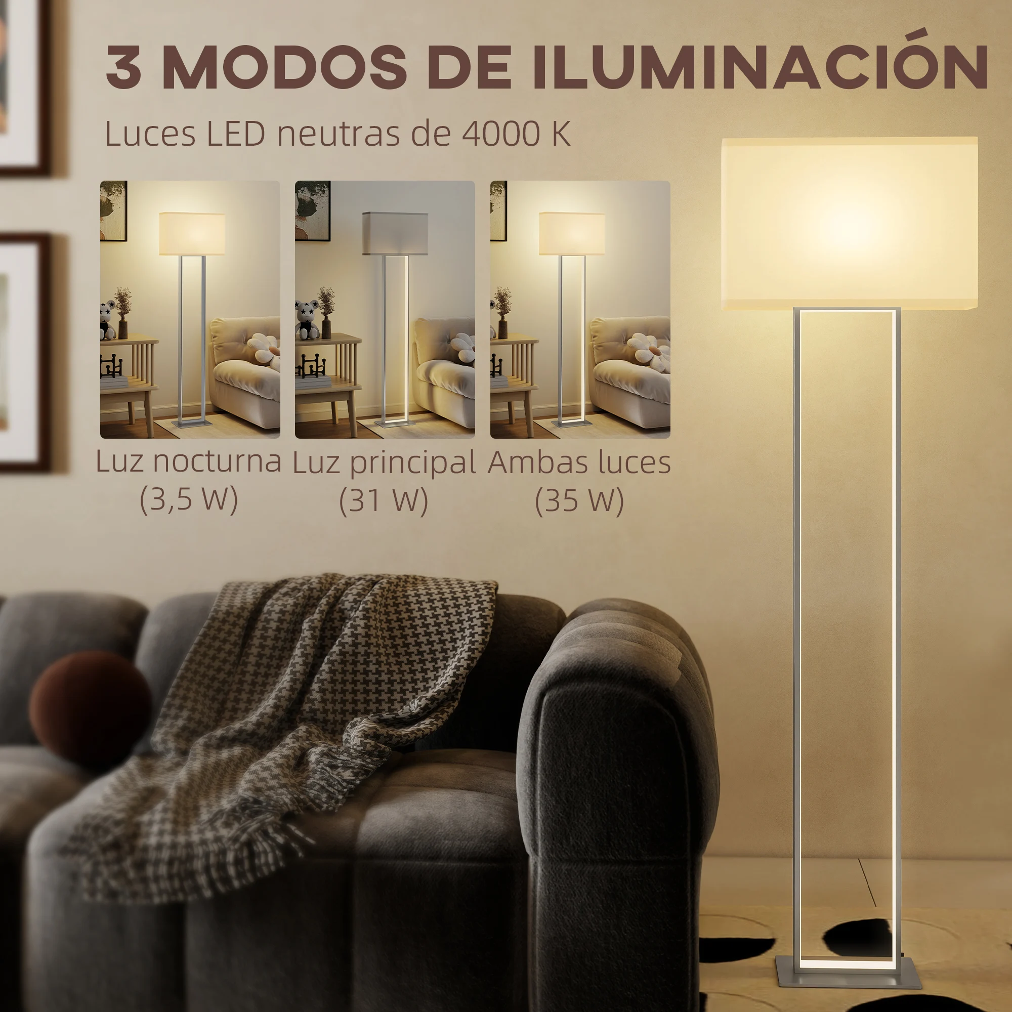 HOMCOM Lámpara de Pie Moderna 150 cm Lámpara de Pie para Salón con Pantalla de Tela Luz Nocturna Interruptor de Pie y Base Metálico para Dormitorio Oficina Sala de Estar Blanco - imagen 4