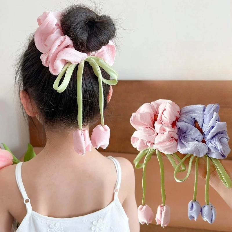 Coleteros grandes para el cabello con flor de tulipán para niña, adorno para la cabeza de princesa, diademas, lazos para el cabello, accesorios para el cabello a la moda