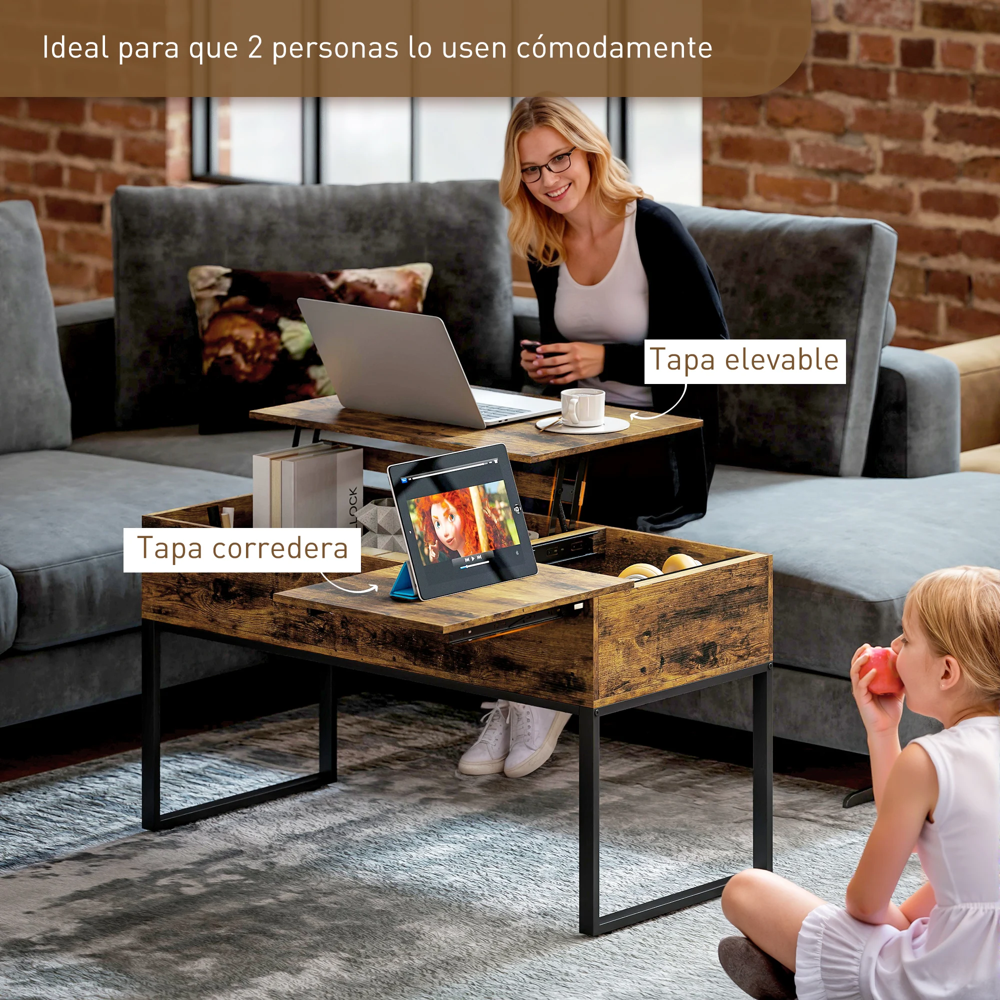 HOMCOM Mesa de Centro Elevable Mesa de Café con Encimera Deslizante Cierre Suave Espacio Oculto de Almacenaje 100x45x67 cm Marrón Rústico - imagen 4