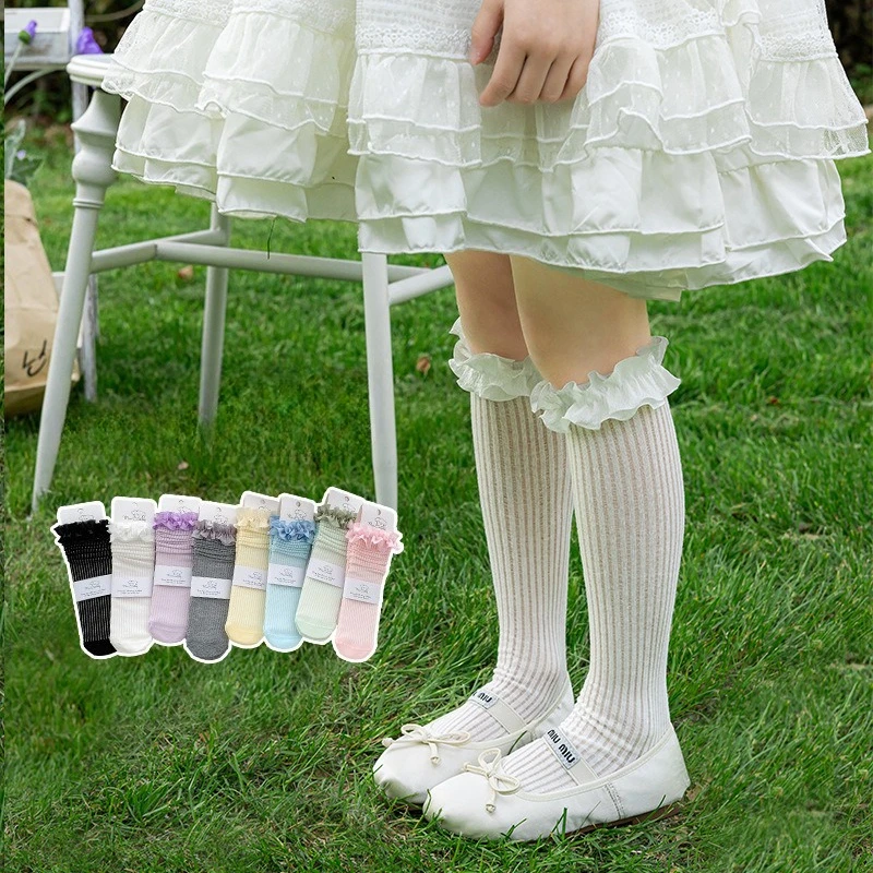 Calcetines largos sueltos con volantes para niñas, medias finas caladas de verano para niñas, medias de princesa dulce estilo Ballet Lolita para niñas