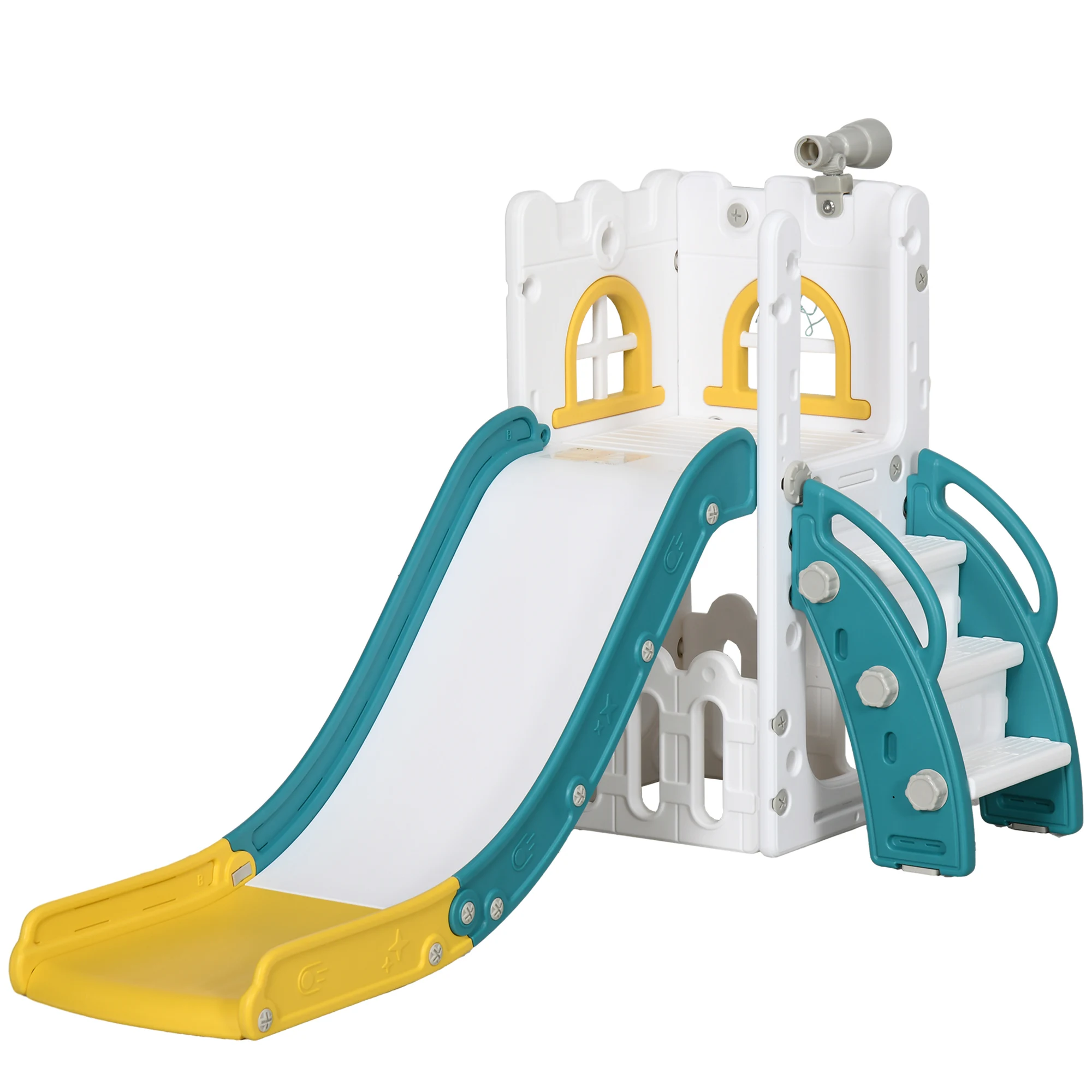 AIYAPLAY Tobogán Infantil 4 en 1, Tobogán para Niños de 1-3 Años con Aro de Baloncesto, Telescopio, Escalador y Cesta Inferior, para Interior y Exterior, Amarillo y Verde