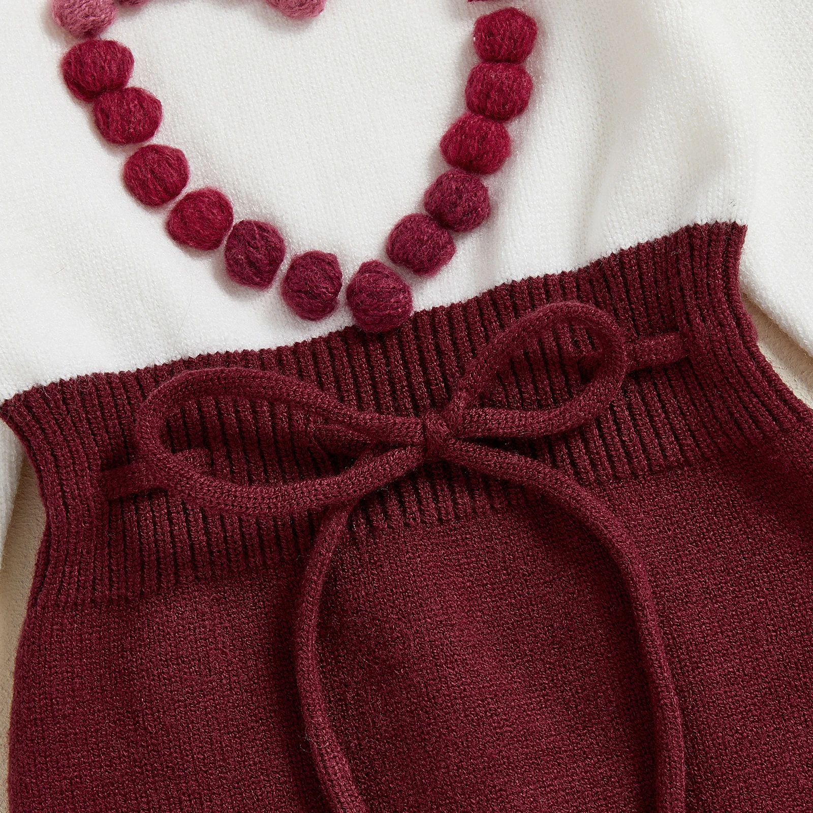 Pelele de punto para niñas de 0 a 24 meses, mono de Color de contraste de manga larga con cuello redondo y bola de piel a la moda - imagen 5