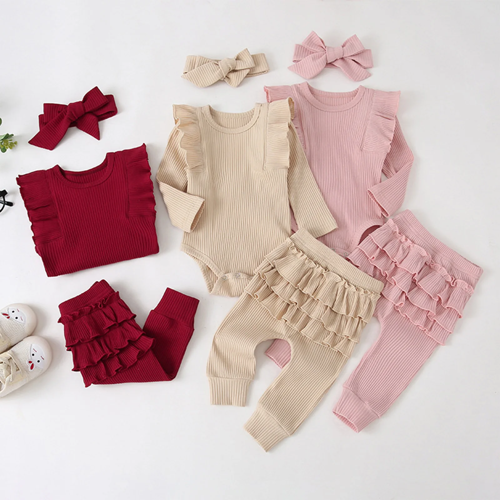 Conjunto romper ribosado bebé niña manga larga volantes escalonados - imagen 3