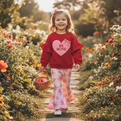 Conjunto de 2 piezas para niñas pequeñas con bordado de corazón, manga larga, cuello redondo y pantalones acampanados con cintura elástica, Día de San Valentín