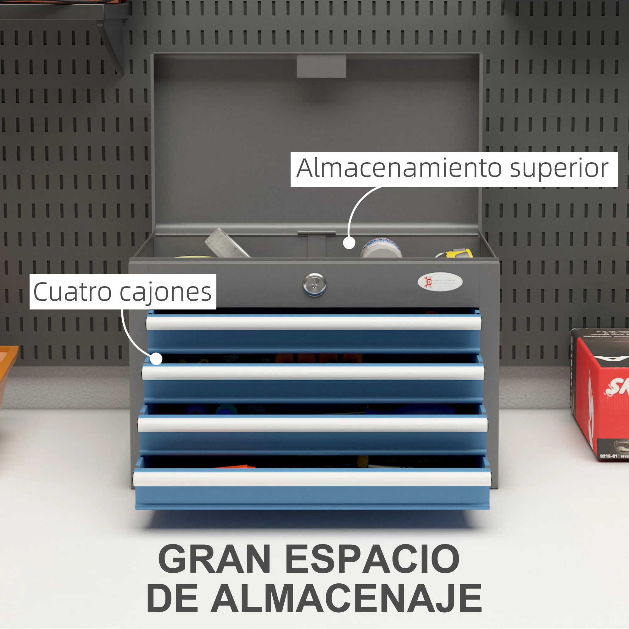 DURHAND Caja de Herramientas Metálica Maletín de Herramientas con 4 Cajones Bandeja Superior Cerradura y Asas Laterales Carga 20 kg 45x24,5x32,5 cm Gris y Azul - imagen 3