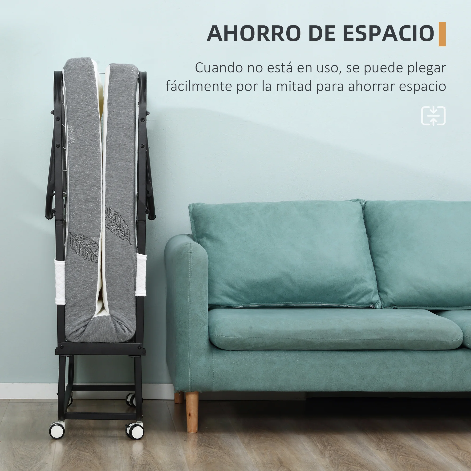 HOMCOM Cama Plegable 200x90 cm con 4 Ruedas, Cama de Camping Portátil, con Colchón Individual de 10 cm, Marco de Acero, Carga 150 kg, para Dormitorio, Salón, Oficina, Blanco - imagen 4