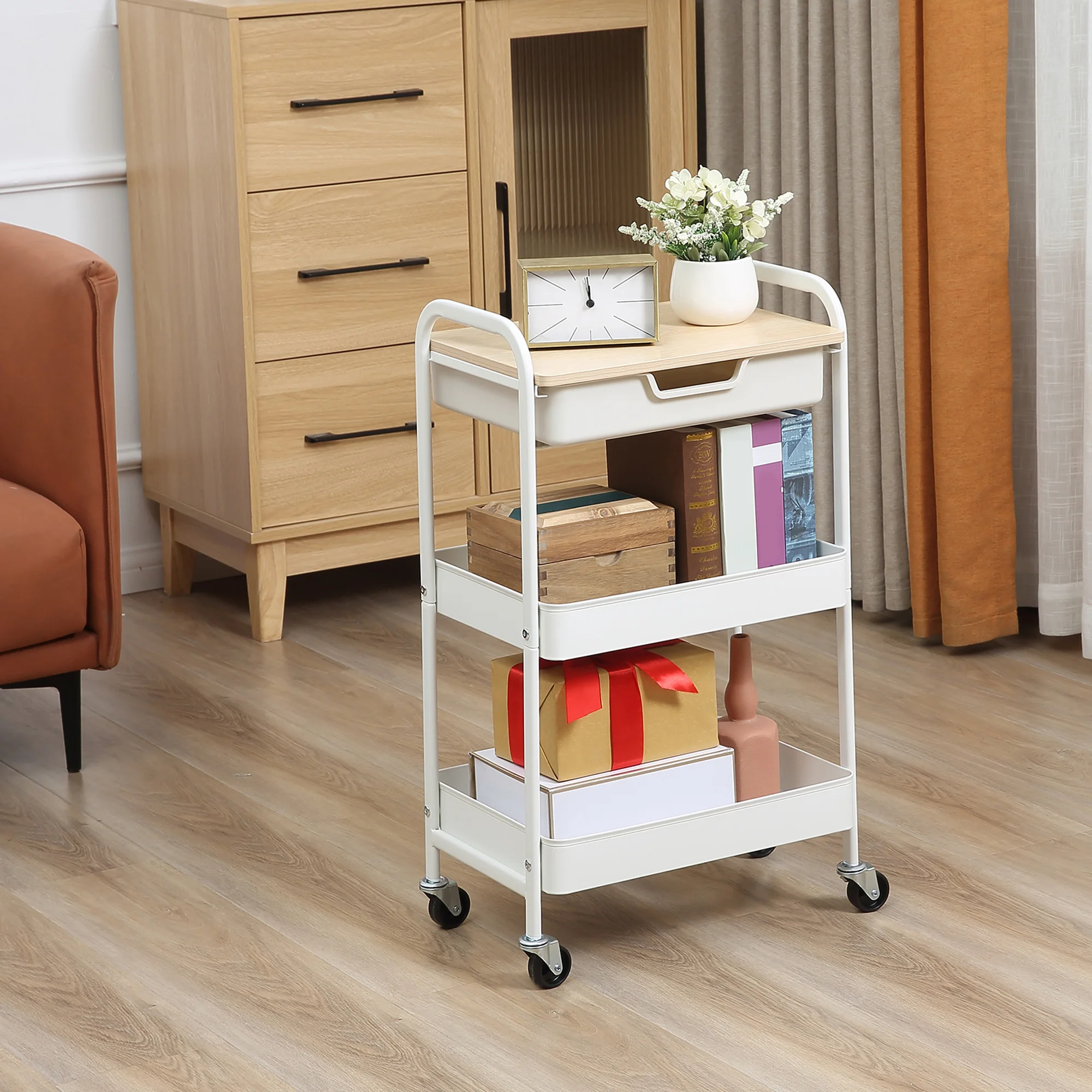 HOMCOM Carrito de Cocina con Ruedas Carro de Almacenamiento con Cajón Extraíble 2 Cestas y Frenos para Baño Salón Dormitorio 43,9x30,5x75,6 cm Blanco - imagen 2
