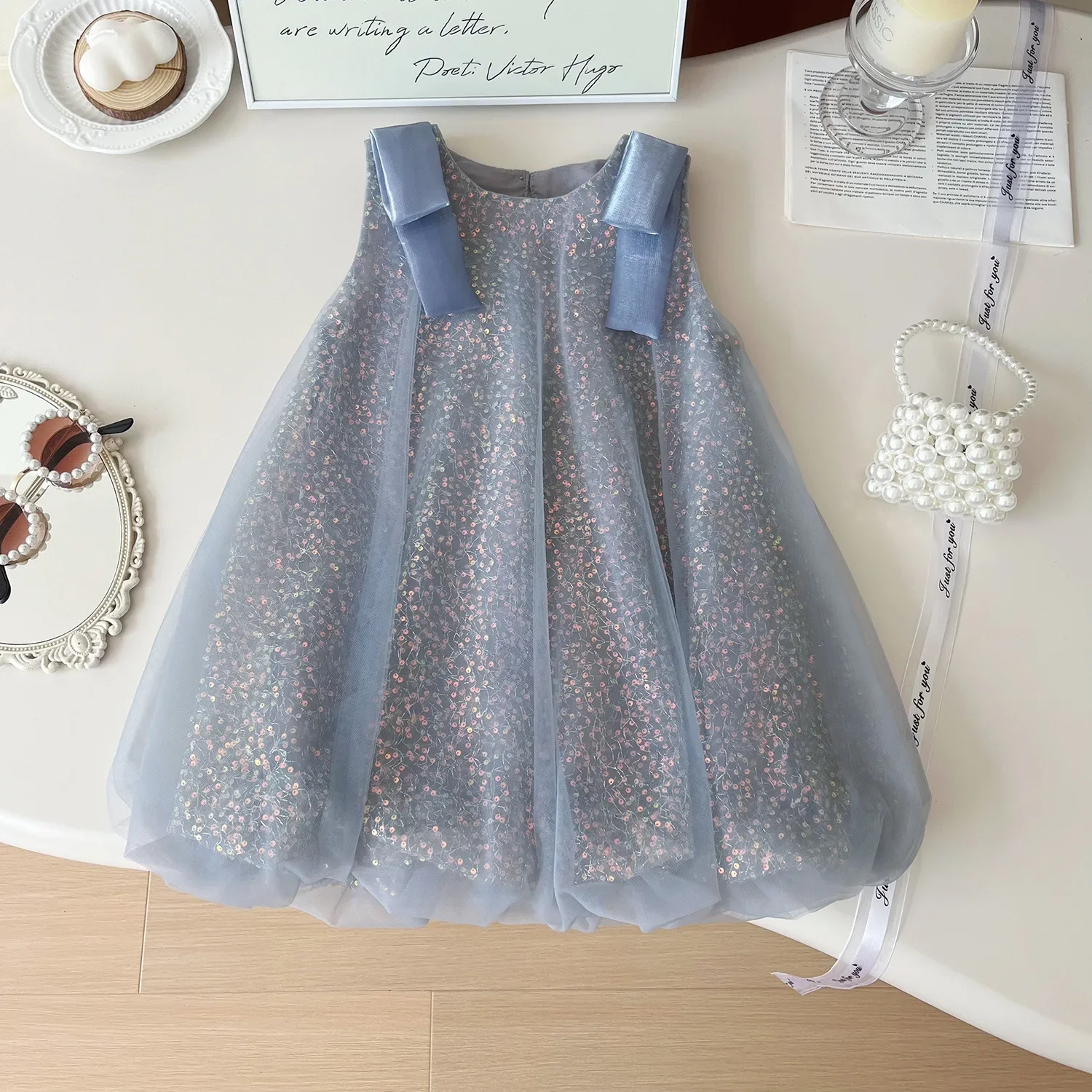 Vestidos de lujo para bebés de verano, ropa para niños, moda coreana para niñas, vestido de cumpleaños sin mangas con lazo de malla, ropa de Boutique para niños B1200 - imagen 4