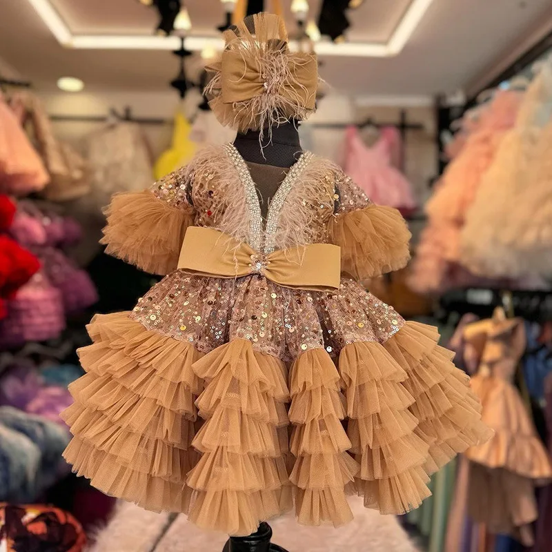 2025 vestido de princesa de lentejuelas para niñas, tutú de tul brillante para fiesta de 1er cumpleaños, vestido de niña de flores, vestidos directos de fábrica para bebés y niños - imagen 3