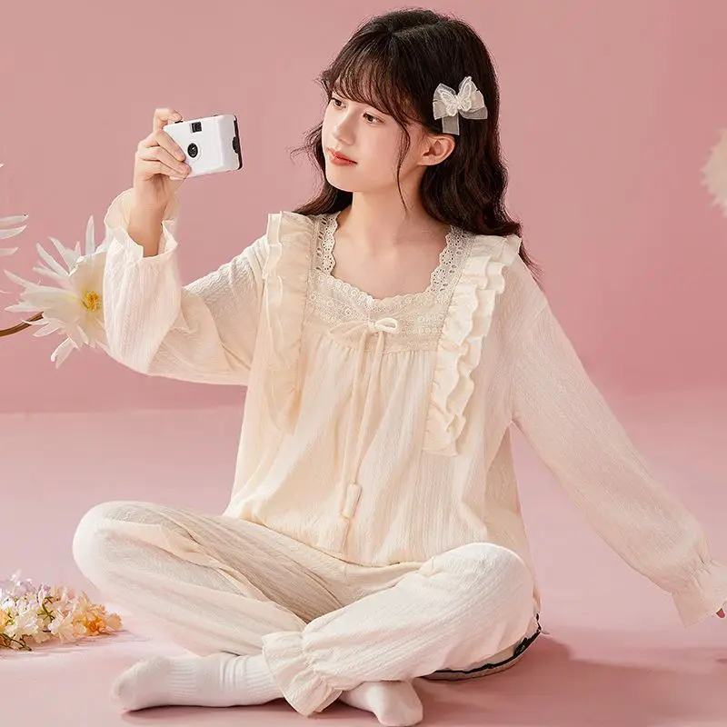 Pijama de lino y algodón transpirable para niña, traje de dos piezas, pantalones de manga larga, camisón de cuello redondo para niño, primavera y otoño - imagen 3