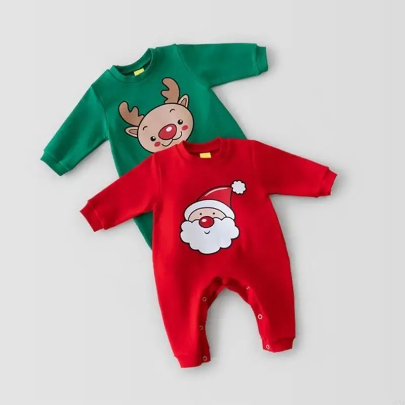 D7YD Festival bebé mameluco algodón fiesta Navidad desgaste Santa/ciervo mono y sombrero conjunto - imagen 2