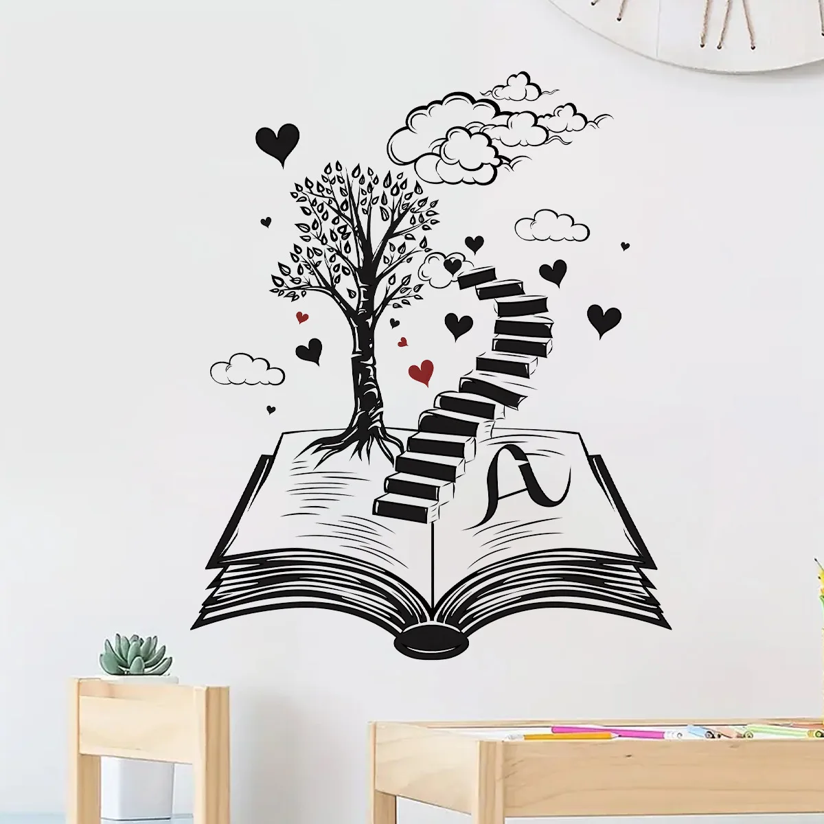 Pegatinas de pared para sala de estar, calcomanías de pared para dormitorio, decoración creativa del hogar, corazón negro, libro, mundo, escalera, árbol, Oficina - imagen 3