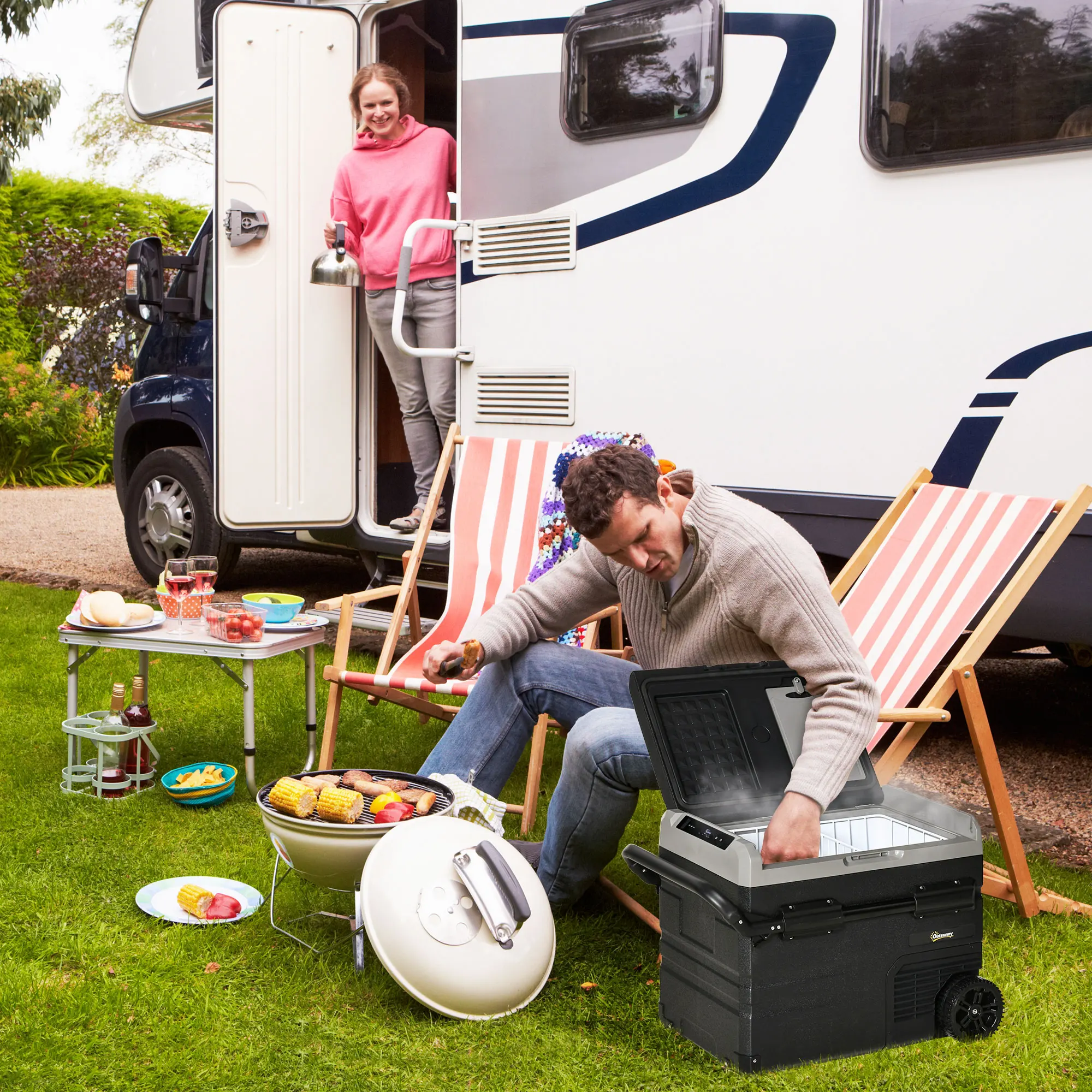 Outsunny Nevera Portátil 60L Refrigerador de Coche hasta -20℃ con Pantalla LED Táctil Asa Retráctil y Ruedas 71,1x46x57,1cm - imagen 2