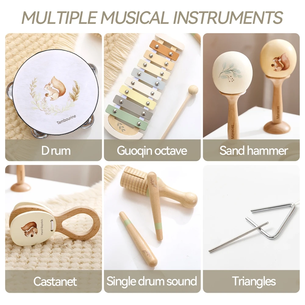 Juguetes musicales para bebés, juegos de instrumentos musicales de madera Montessori para niños, ardilla, Maracas, tambor, xilófono, Sensor de educación temprana, juego de juguetes - imagen 3