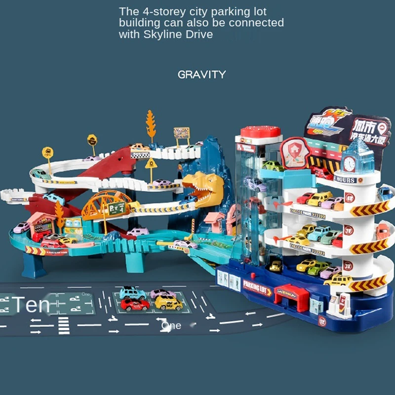 Coche ferroviario eléctrico, edificio de dinosaurios, estacionamiento, coche ferroviario de carreras de aventura, juguetes para niños, coches ferroviarios interactivos mecánicos cerebrales - imagen 4