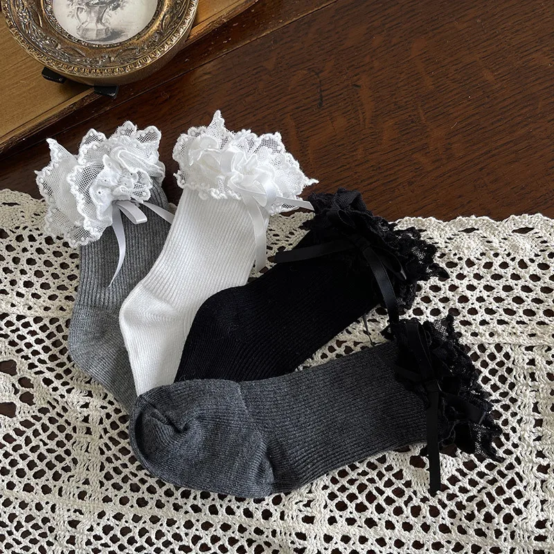 Nuevos calcetines holgados de algodón estilo princesa coreana, calcetines tobilleros de encaje bordado de doble capa para niños, calcetines suaves de algodón para primavera