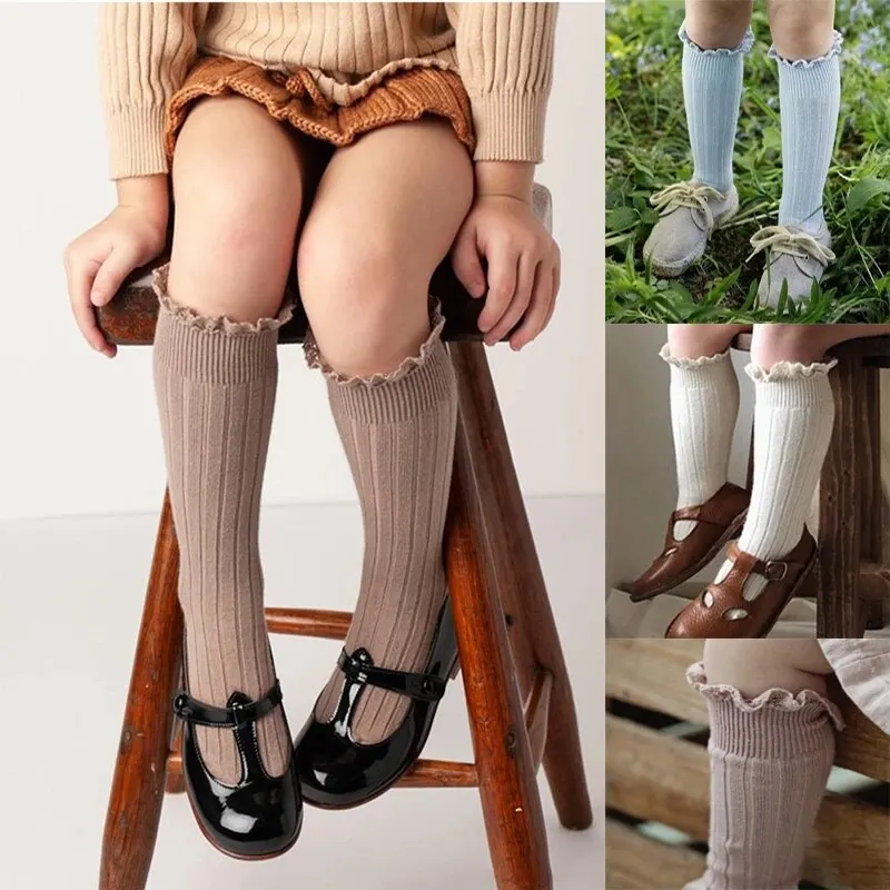 Calcetines hasta la rodilla para niñas, medias largas de algodón suave con volantes y flores de encaje, para la escuela