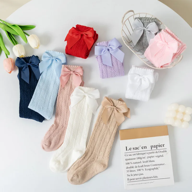 Calcetines de verano para niños de 0 a 7 años con lazo, calcetín largo hasta la rodilla de algodón, calcetines calados para niños pequeños, calcetines de malla de princesa para niños - imagen 4