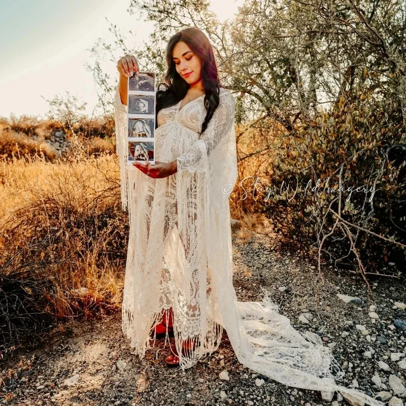 Accesorios de fotografía de maternidad de encaje bohemio, vestidos de tamaño libre, sesión de fotos de embarazo ajustable, vestido largo bohemio con abertura lateral - imagen 3