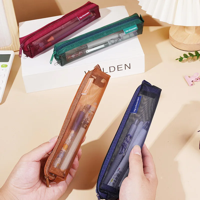 Estuche de lápices transparente de malla Simple, bolsa de almacenamiento para bolígrafos, bolsa con cremallera, Mini papelería portátil, suministros escolares y de oficina, 1 Uds. - imagen 2