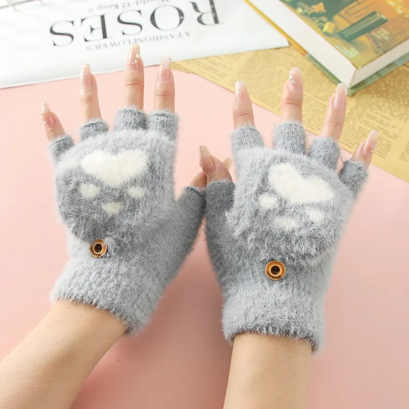 Guantes cálidos de punto con dedos expostos engrosados con forro polar y medio dedo para invierno y otoño para estudiantes y niños. - imagen 4
