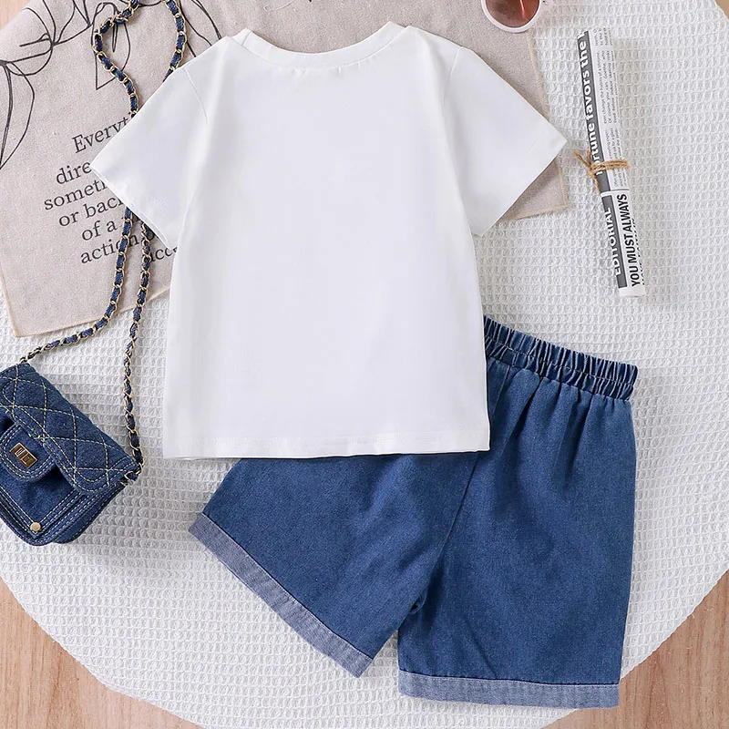 Conjuntos de 2 piezas de ropa de Boutique para niña, moda coreana, Tops de algodón de manga corta con bonito lazo para bebé + Pantalones cortos vaqueros, ropa para niños B202 - imagen 2