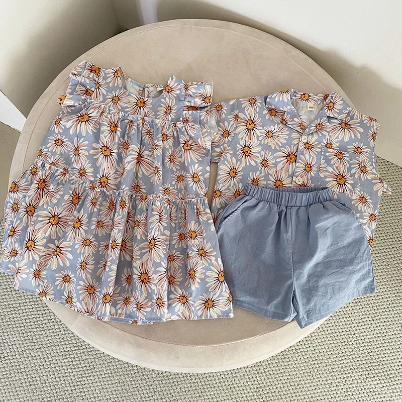 Conjunto para hermanos, ropa de verano para niños de 1 a 8 años, camisa y pantalones cortos de manga corta, 2 uds., traje informal para niños, vestido Floral para niñas - imagen 4