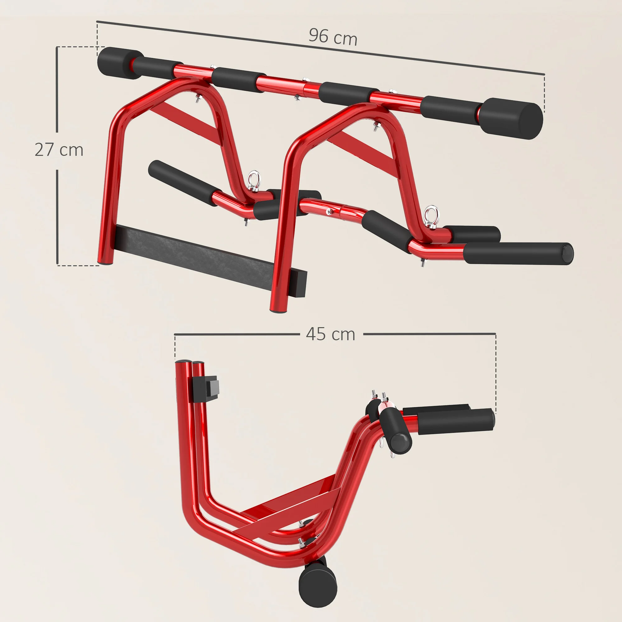 SPORTNOW Barra de Dominadas Multifuncional Barra de Dominadas de Pared Carga 150 kg para Ejercicio y Entrenamiento en Casa Gimnasio Rojo y Negro - imagen 3