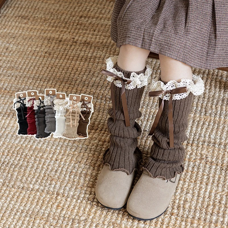 Calentadores de piernas con lazo para niñas JK Lolita, medias largas Harajuku, calcetines de punto dulces, calentador de pies Kawaii de Color sólido para niños y niñas