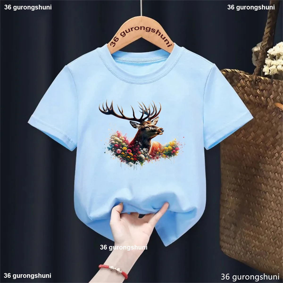 Newest Sika Deer Flowers Animal Printed T Shirt Girls/Boys Harajuku Kawaii Kids Clothes White/Pink/Blue T-Shirt Summer Tops Tee